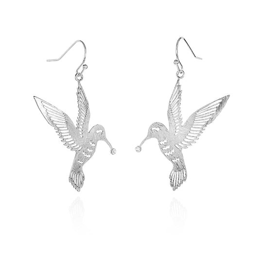 Silver Bird Dangle Earrings in a Hummingbird Design for Women