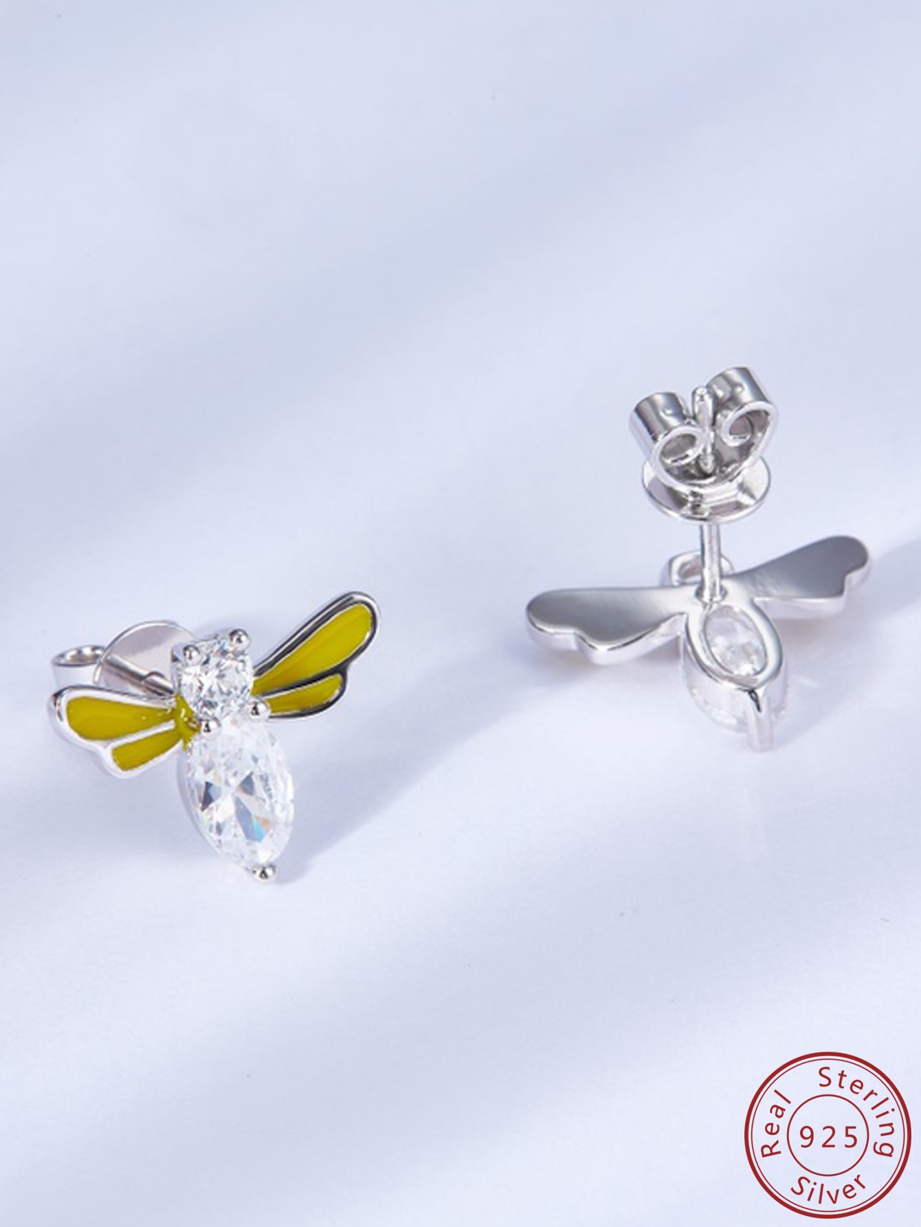 Silver Bee Stud Earrings with Yellow