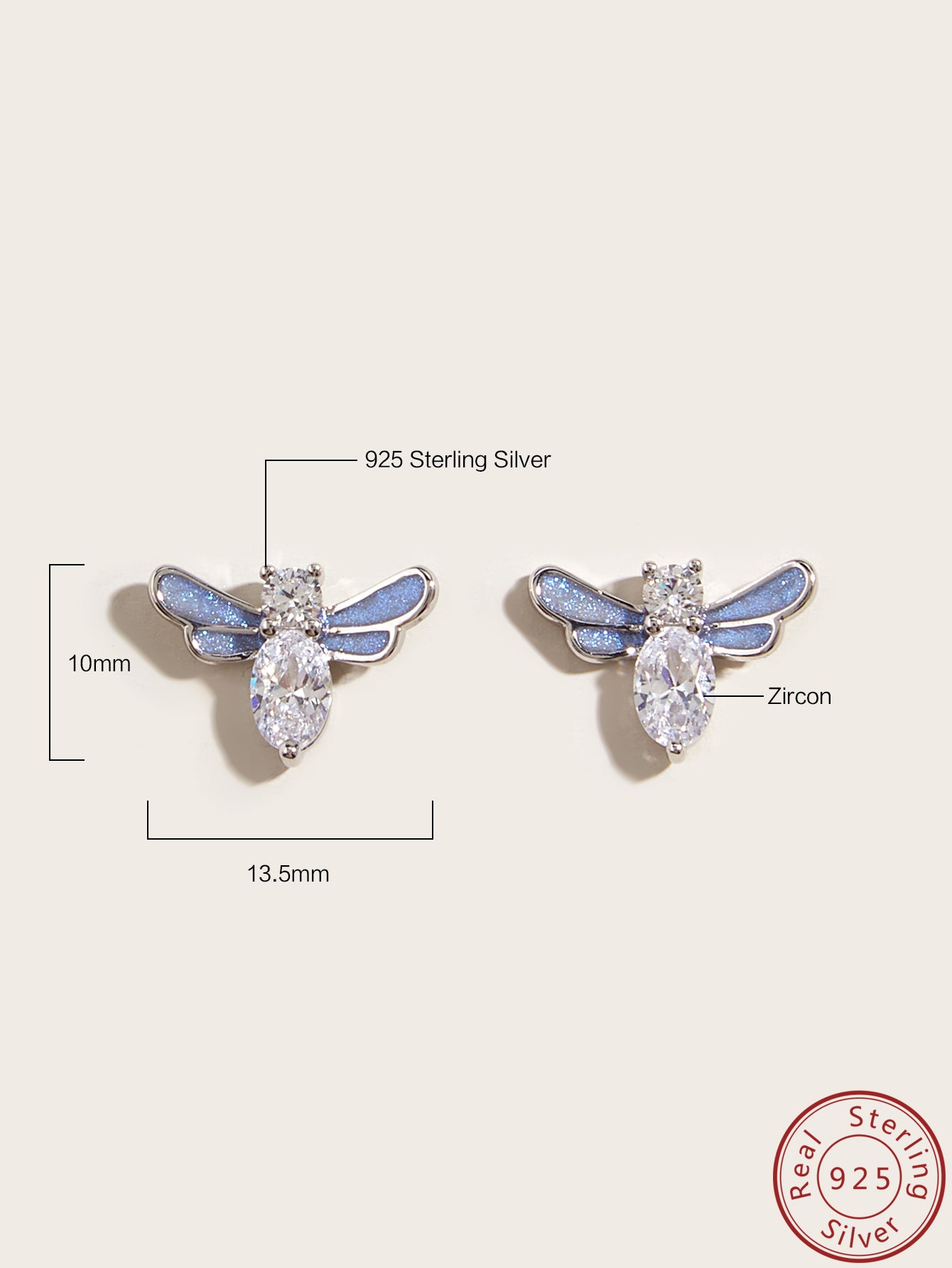 Silver Bee Stud Earrings with Purple