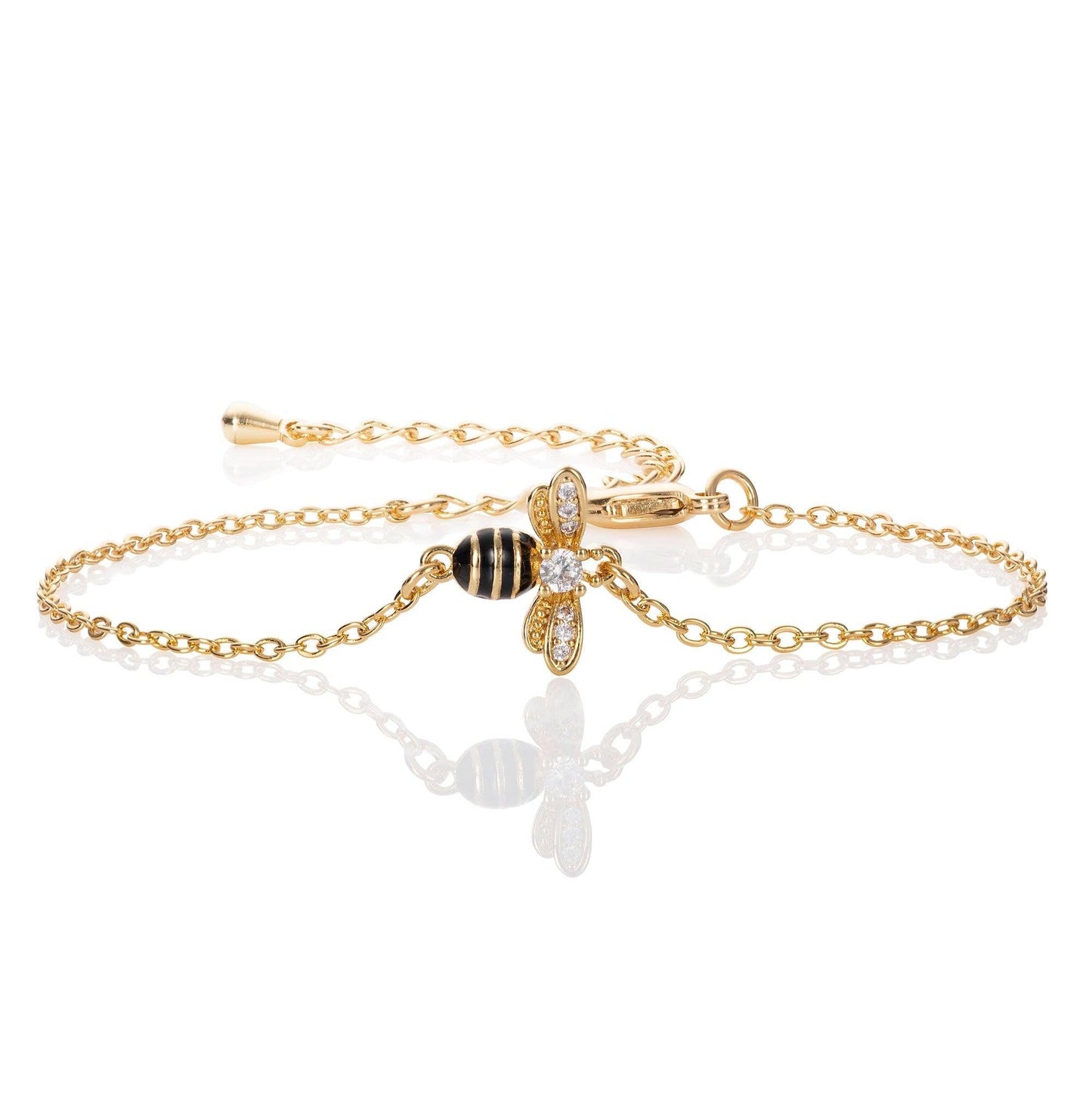 Gold Bumble Bee Bracelet with Cubic Zirconia and Black Ename