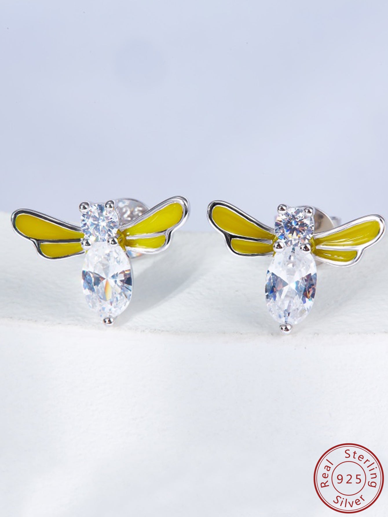 Silver Bee Stud Earrings with Yellow