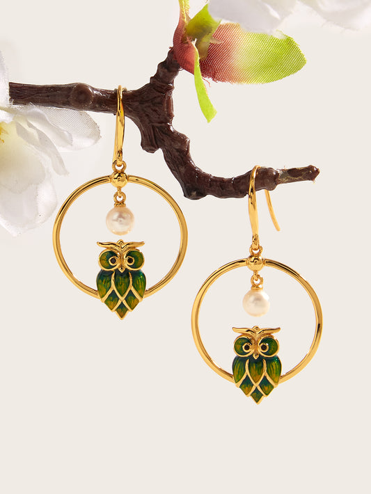 Gold 925 Silver Owl Pendant Earrings with Artificial Pearl