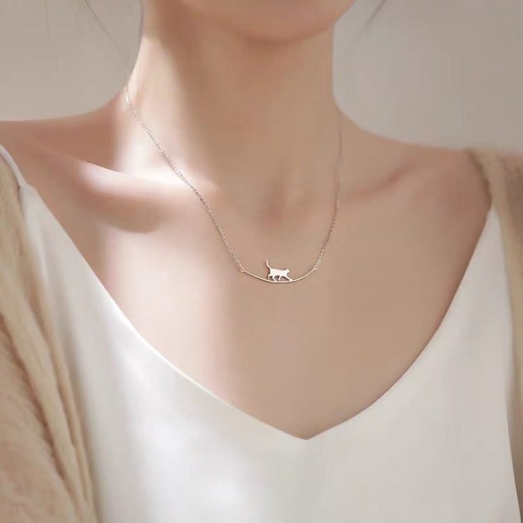 925 Silver Cat Curved Necklace