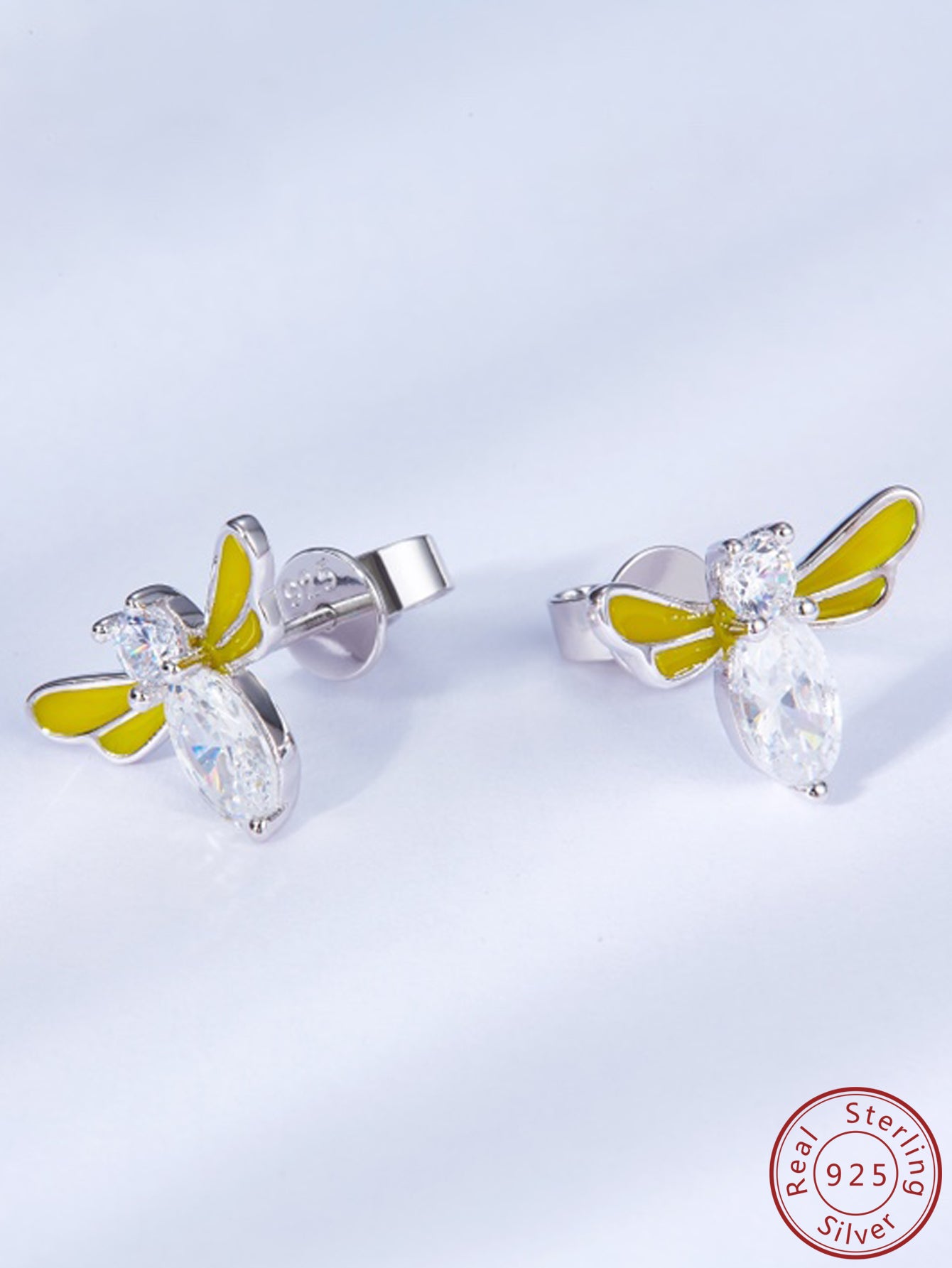 Silver Bee Stud Earrings with Yellow