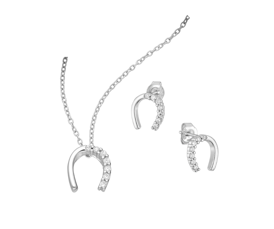 Sterling Silver Horseshoe Push-Back Earrings and Pendant Jewellery Set