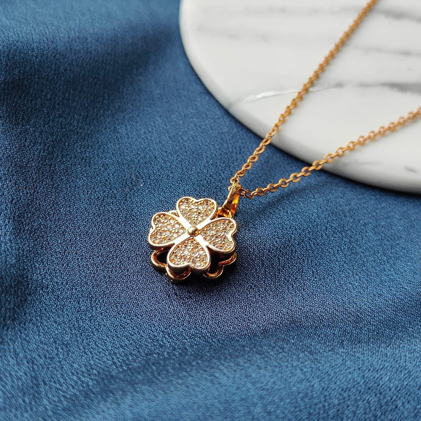 Gold Large Clover Shamrock Rotating Spinner Pendant Necklace