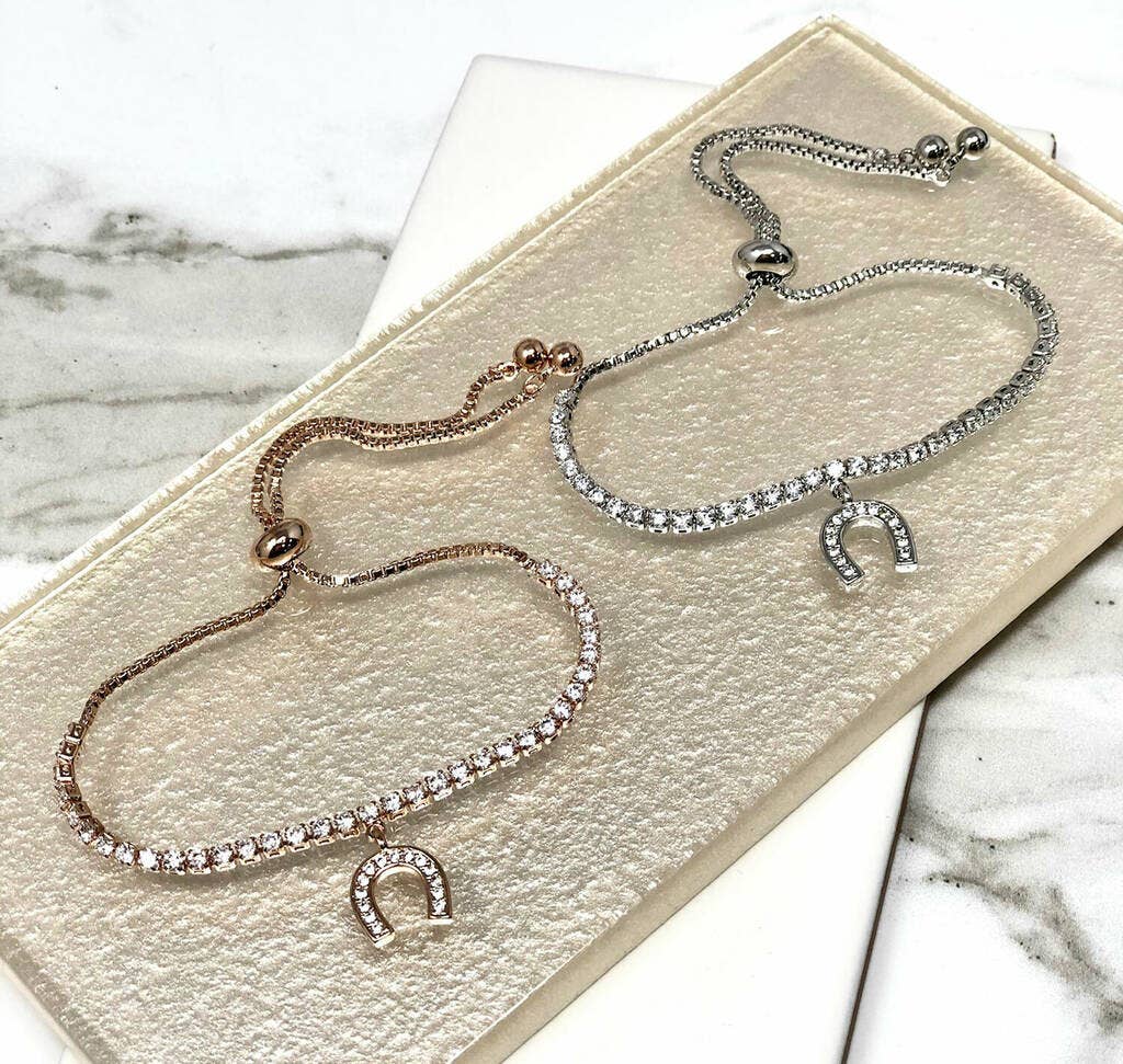 Horseshoe Sparkly Adjustable Pull Slider Bracelet Silver