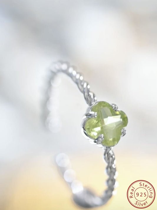 Lucky Four-Leaf Clover Natural Olivine Twisted Open Ring