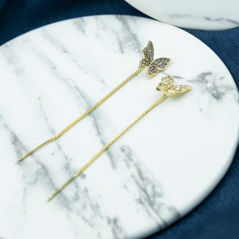 Long Gold Butterfly Ear Hanging Chain Stud Earrings