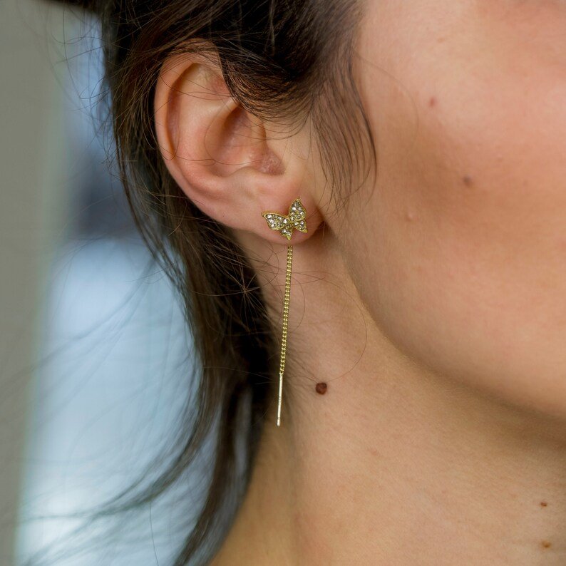 Long Gold Butterfly Ear Hanging Chain Stud Earrings